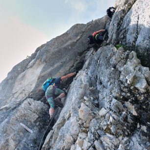 První C/D úsek na feratě. Via ferrata Intersport Donnerkogel Klettersteig