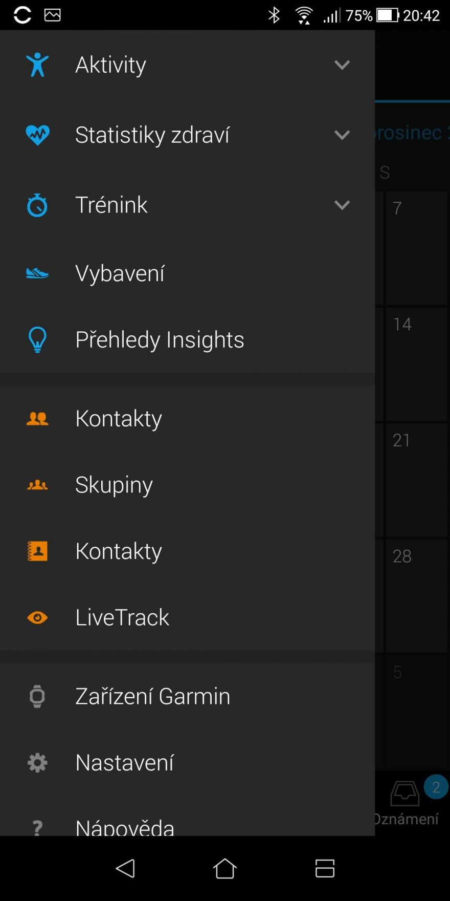 Menu v aplikaci GARMIN Connect