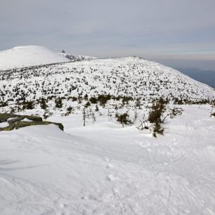Výhledy od Mužských kamenů na Vysoké kolo a Sněžné jámy, Krkonoše, zima