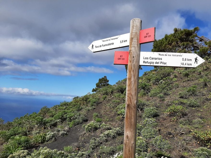 Rozcestník za Fuencaliente. Ruta de los Volcanes, La Palma, Kanárské ostrovy