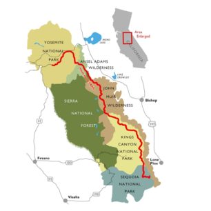 mapa John Muir Trail, Sierra Nevada, Kalifornie, USA