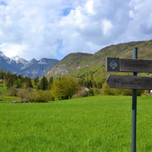 Po trase Juliana Trail z vesničky Stara Fužina k Bohinjskému jezeru. Julské Alpy, Slovinsko.