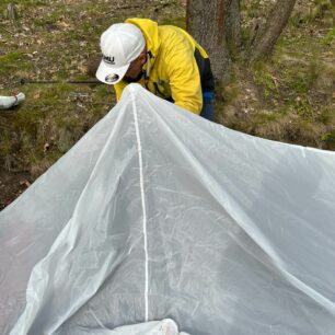 Větrování stanu po nastrčení teleskopické hole 115 cm - FORCLAZ TARP MT 900