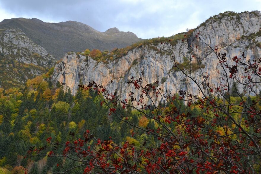 Barvy babího léta v odlehlém údolí Bujaruelo, Pyreneje, Španělsko.