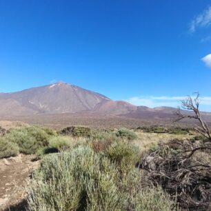 Pohledy na nejvyšší horu Španělska, Pico del Teide z trasy na vyhlídkový vrchol Guajara, Tenerife, Kanárské ostrovy.