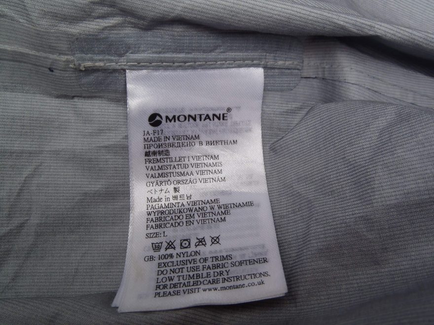 Vnitřní etiketa bundy Montane Minimus 777 Jacket.