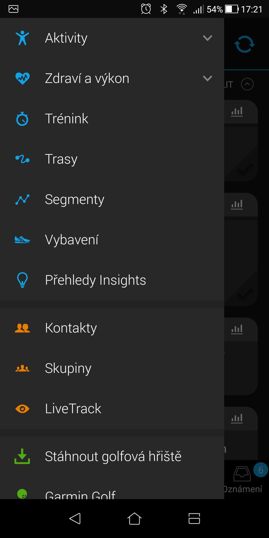 Listovací menu v aplikaci GARMIN Connect.