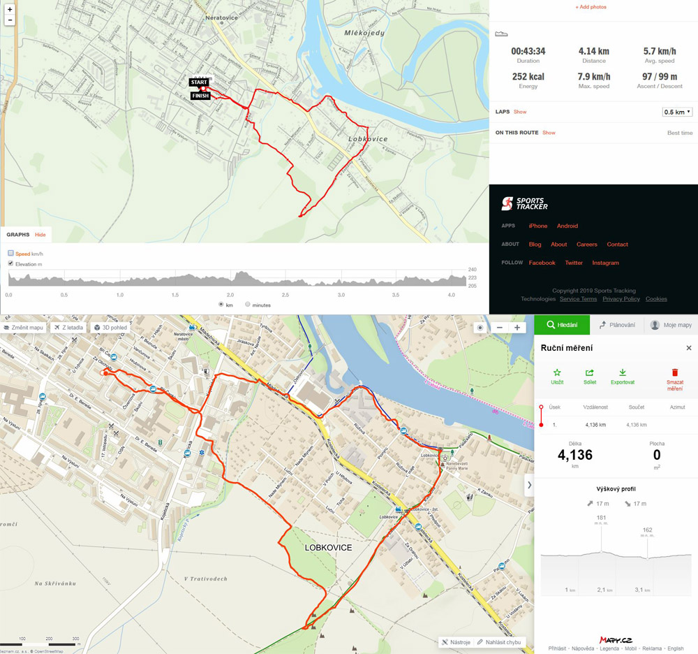 Porovnávací měření Sports Trackerem s intepretací na mapy.cz