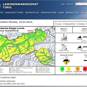 Ukázka lavinové předpovědi v Tirolsku