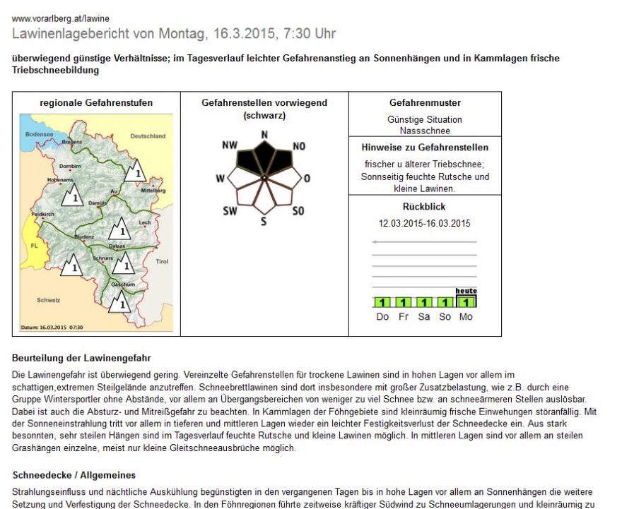 Ukázka lavinové předpovědi ve Vorarlbersku